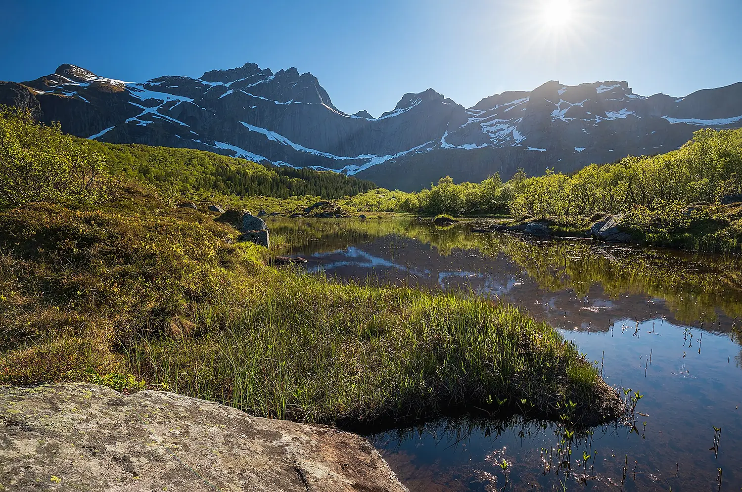 Central mountain massif of Flakstadøya behind Bjønnvatnet in Flakstad, Nordland, Norway, 2022 June