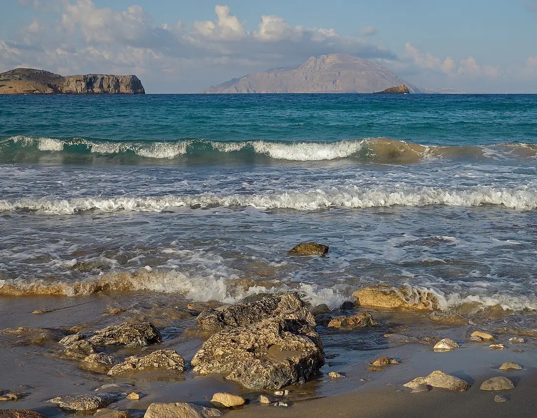 Agios Nikolaos Beach and Kassos Island, Arkasa. Karpathos, Greece