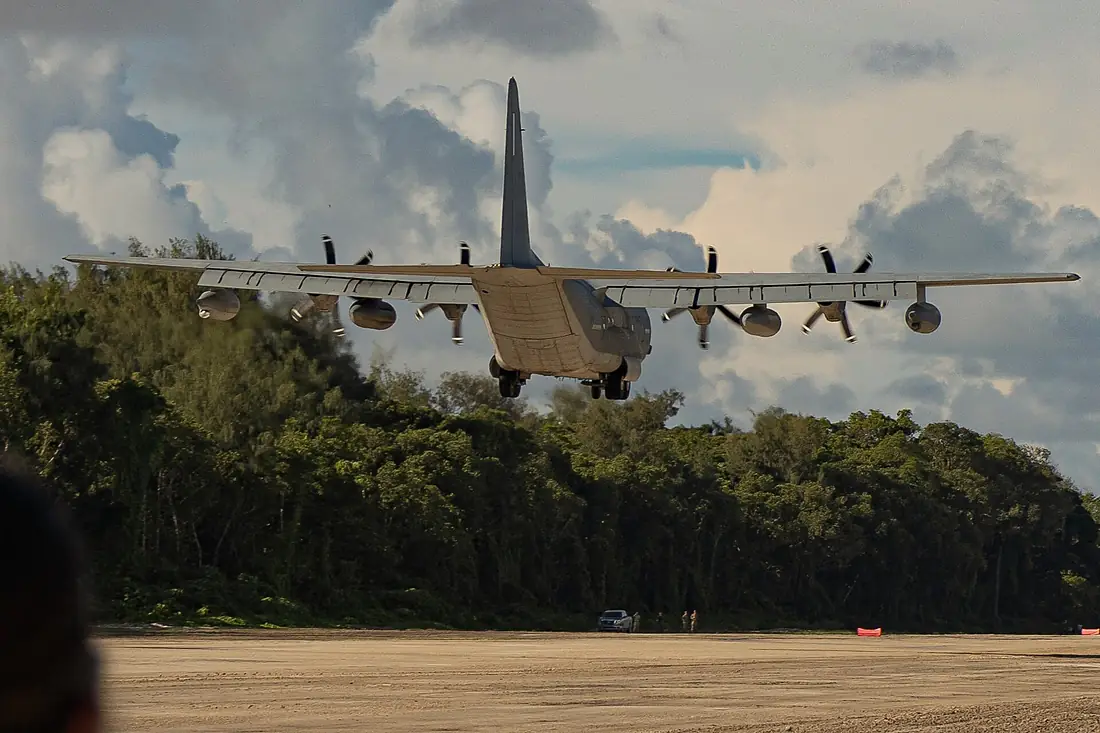 1st Marine Air Wing KC-130J prepares to land on Peleliu airstrip
