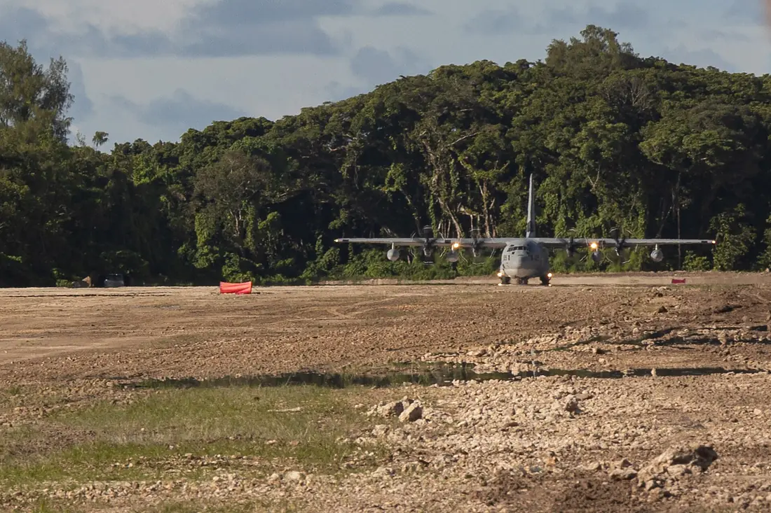 1st Marine Air Wing KC-130J taxies on Peleliu airstrip
