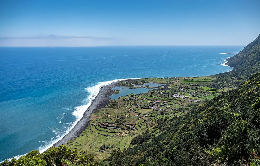Fajã dos Cubres seen from a nearby scenic viewpoint, São Jorge, Azores, Portugal (PPL1-Corrected) julesvernex2