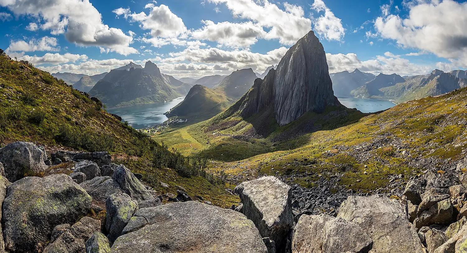 View towards Segla from ridge at Hesten in Senja, Troms og Finnmark, Norway, 2022 August